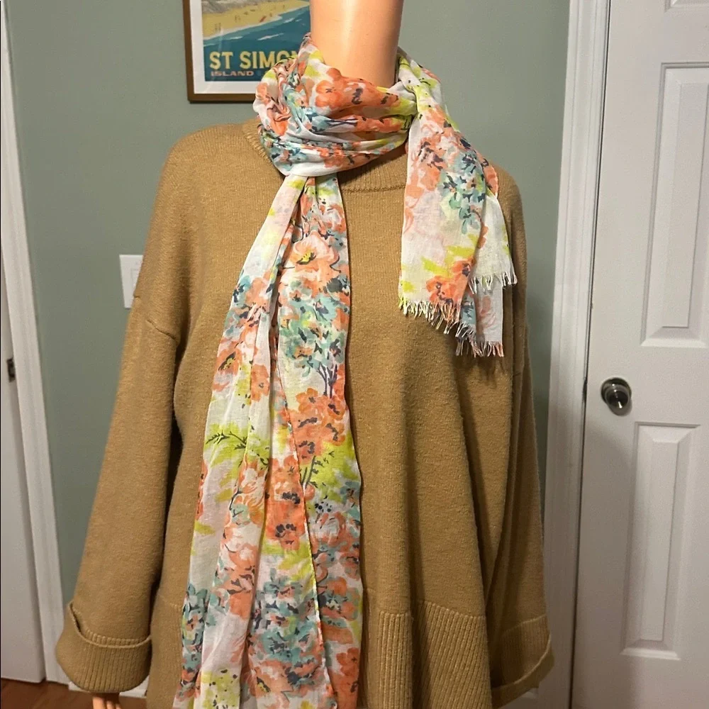 Floral Print Scarf with Orange and Green Accents - Picture 6 of 7